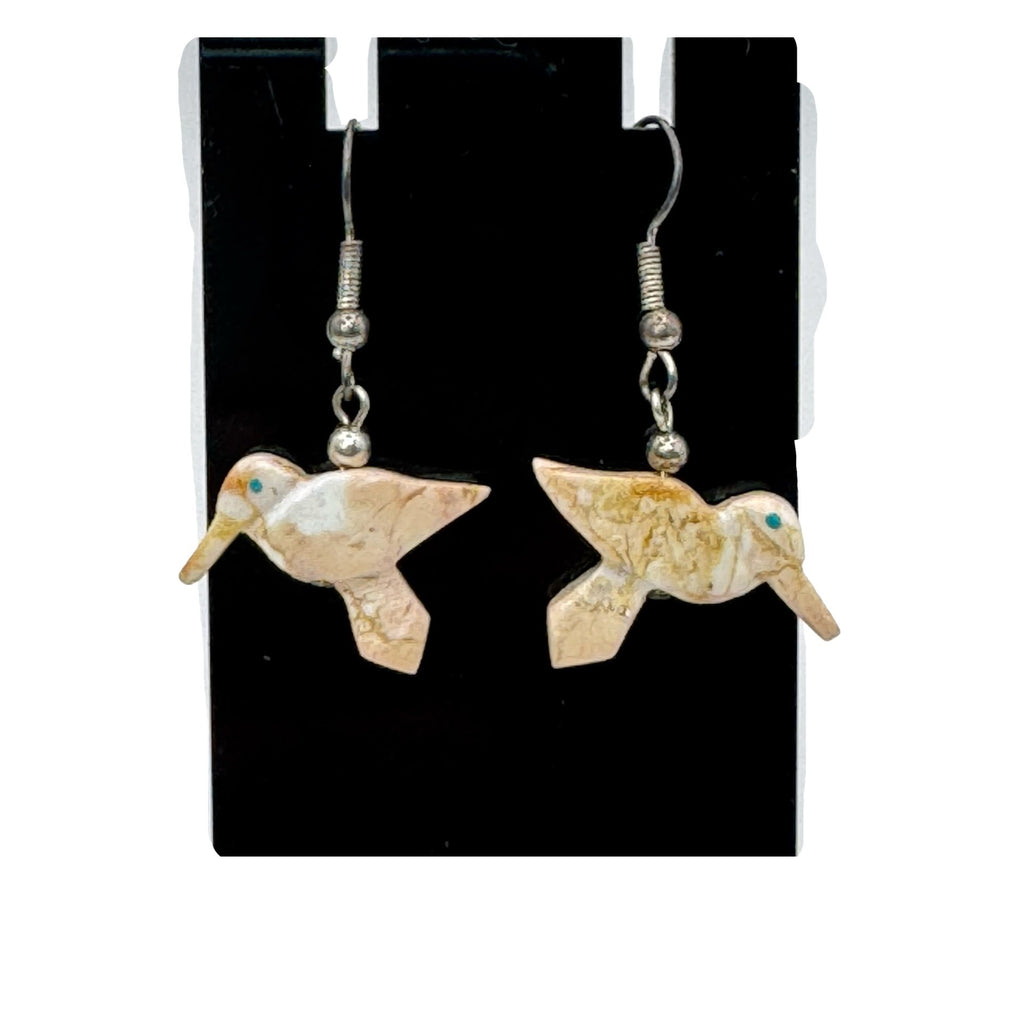 Vintage Zuni Fetish Carved Jasper HummingBird Dangle Earrings Sterling Turquoise
