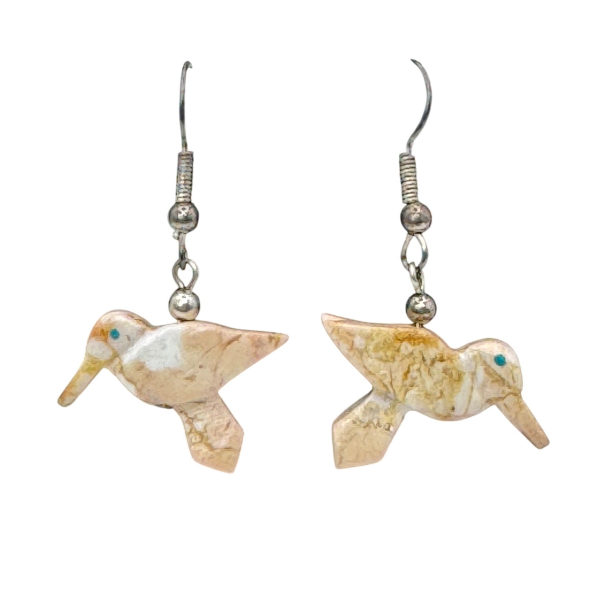 Vintage Zuni Fetish Carved Jasper HummingBird Dangle Earrings Sterling Turquoise