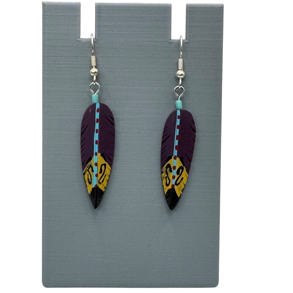 Hand-Painted Feather Drop Earrings Purple Yellow Turquoise Blue Southwest Native