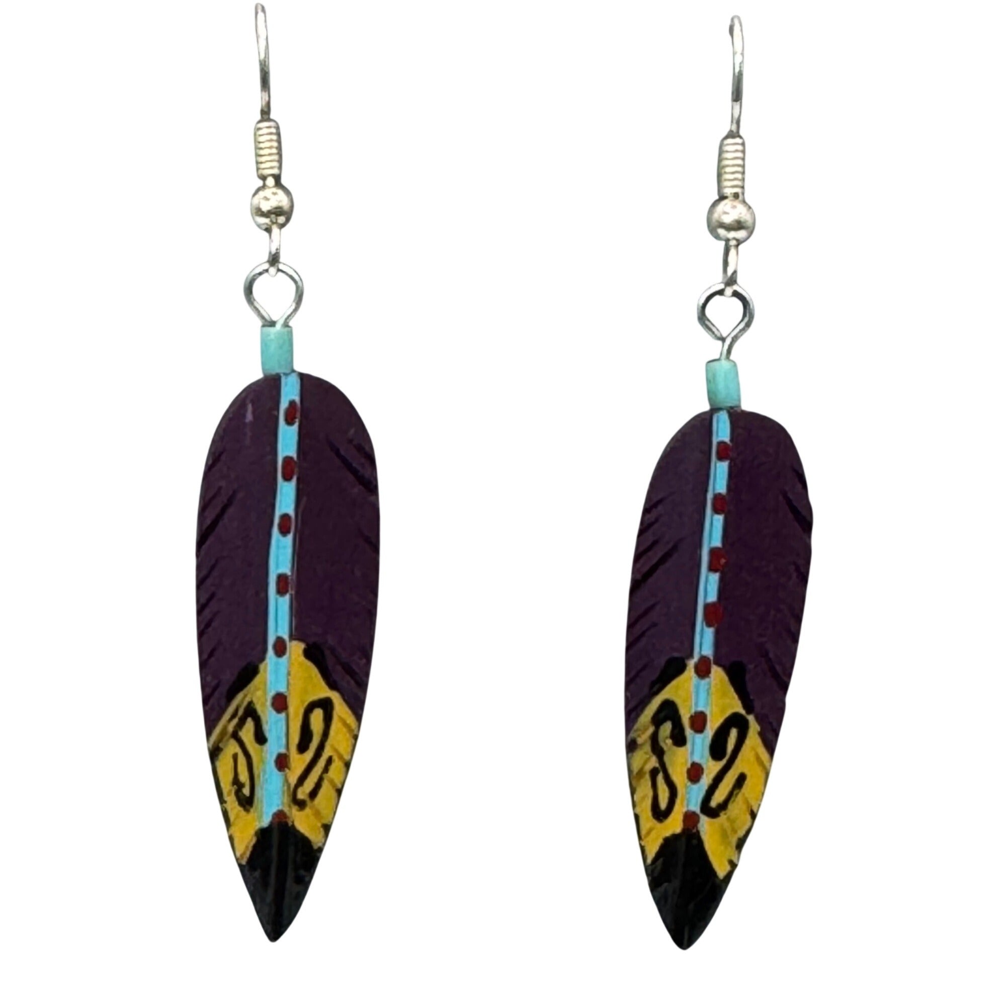 Hand-Painted Feather Drop Earrings Purple Yellow Turquoise Blue Southwest Native