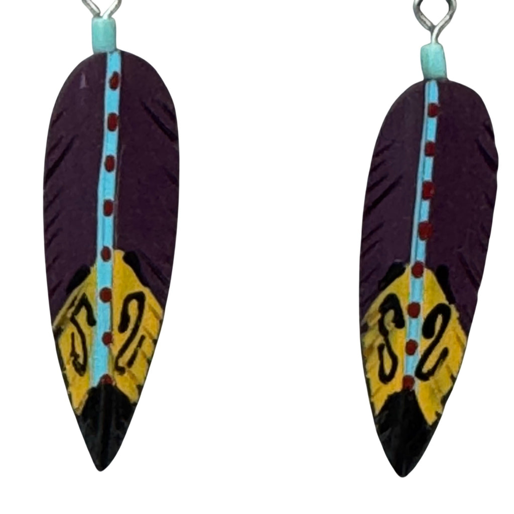 Hand-Painted Feather Drop Earrings Purple Yellow Turquoise Blue Southwest Native