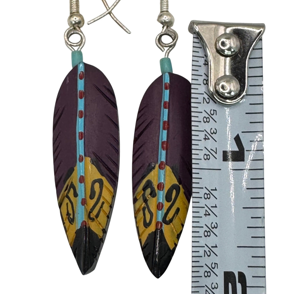 Hand-Painted Feather Drop Earrings Purple Yellow Turquoise Blue Southwest Native