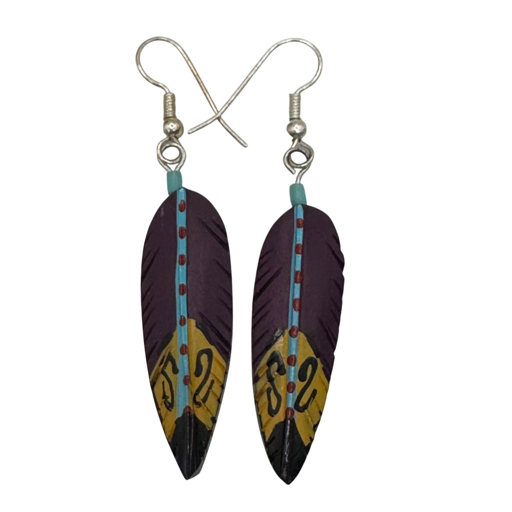 Hand-Painted Feather Drop Earrings Purple Yellow Turquoise Blue Southwest Native