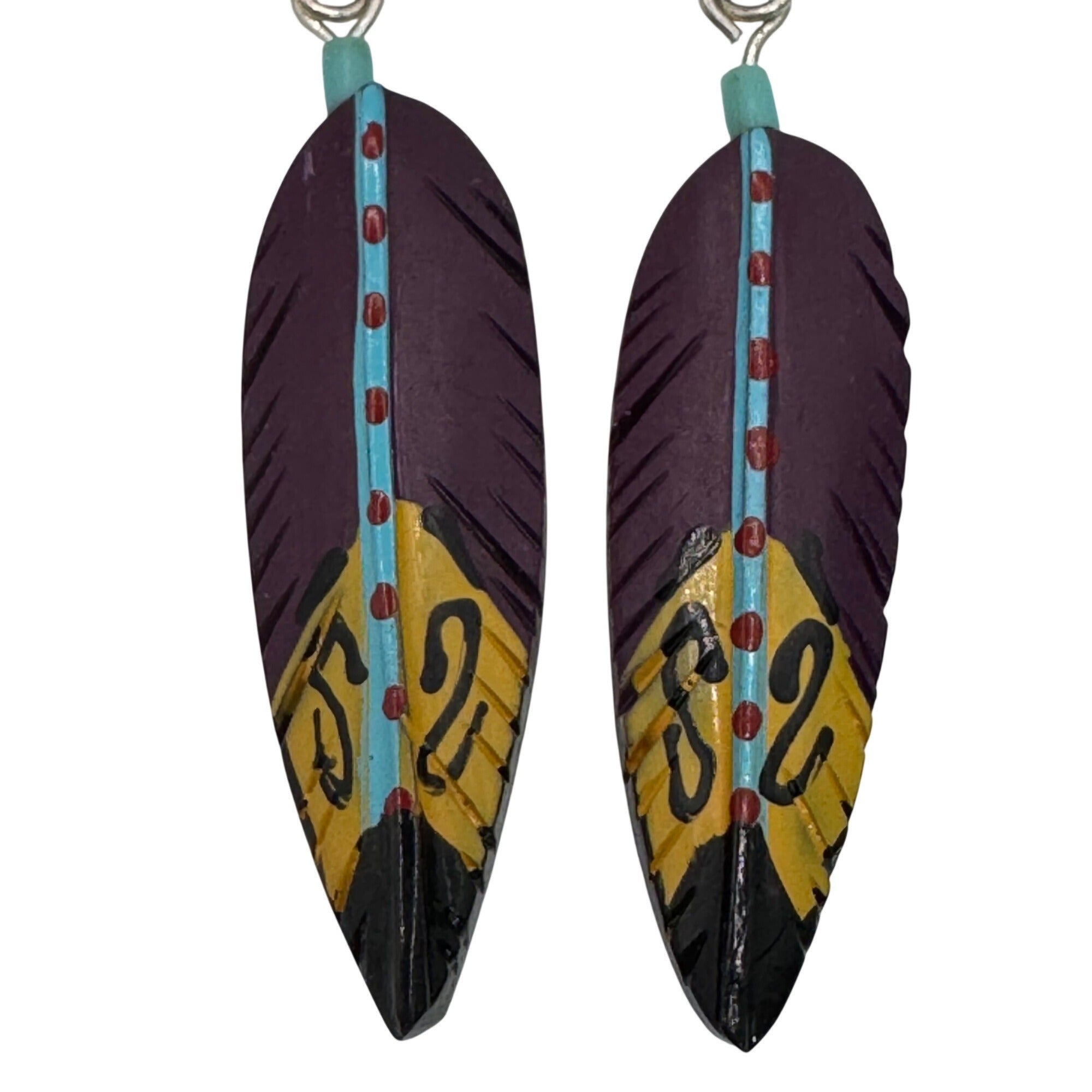 Hand-Painted Feather Drop Earrings Purple Yellow Turquoise Blue Southwest Native