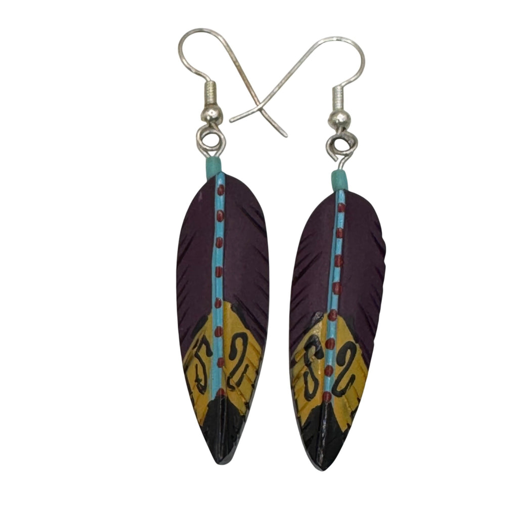 Hand-Painted Feather Drop Earrings Purple Yellow Turquoise Blue Southwest Native