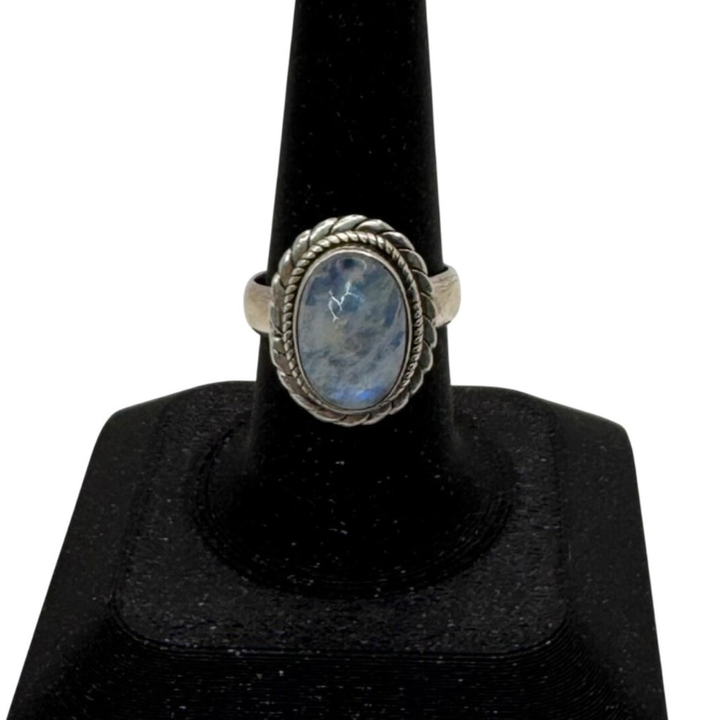 Sterling Silver Moonstone Ring Southwest Oval Cabochon Stone & Braided Size 8