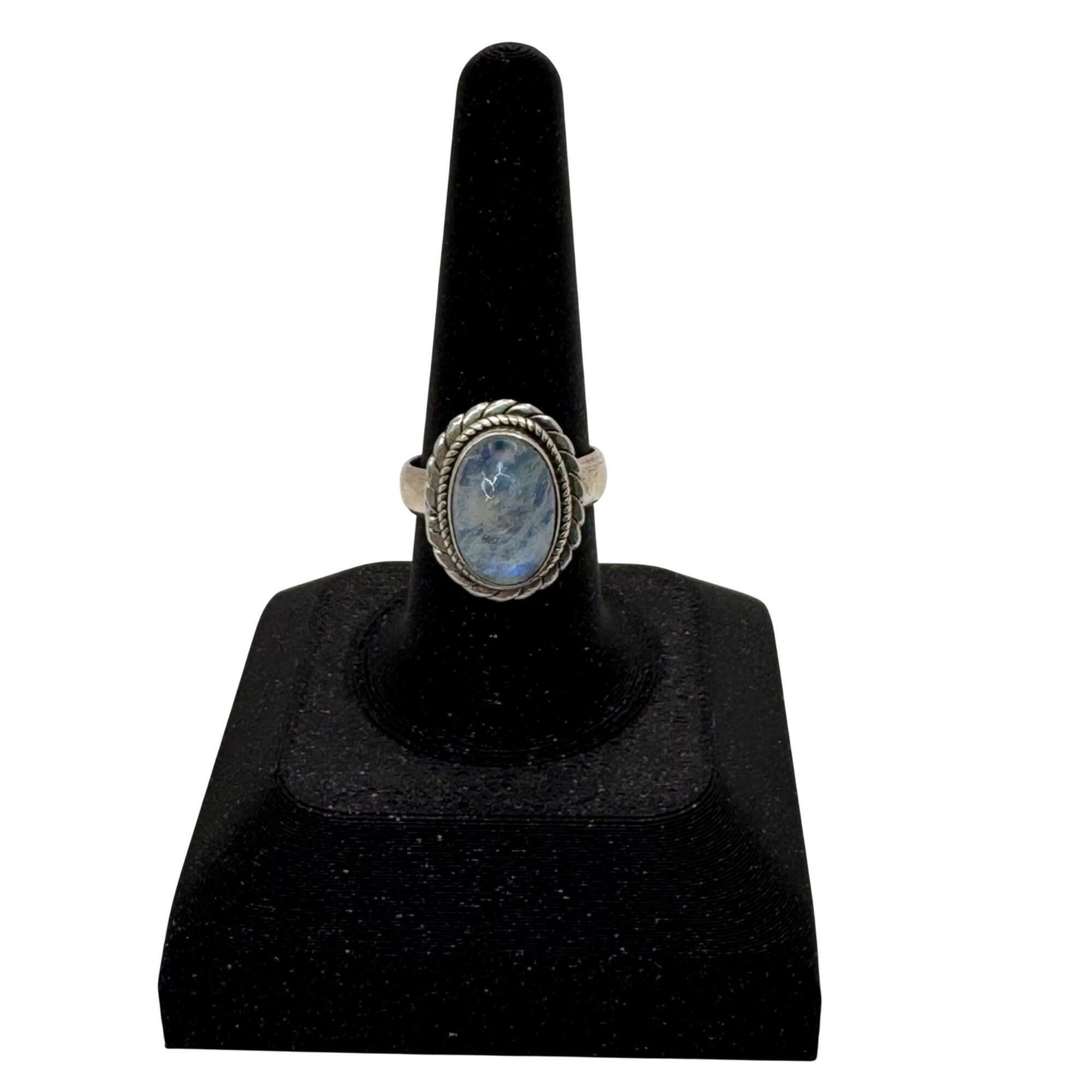 Sterling Silver Moonstone Ring Southwest Oval Cabochon Stone & Braided Size 8