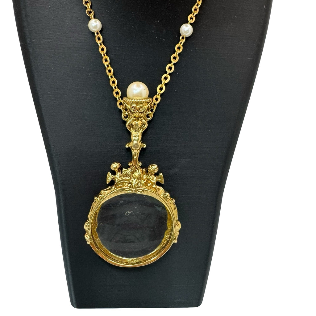Vintage 1928 Gold-Tone Magnifying Glass Necklace Faux Pearls Pendant Cherub 30"