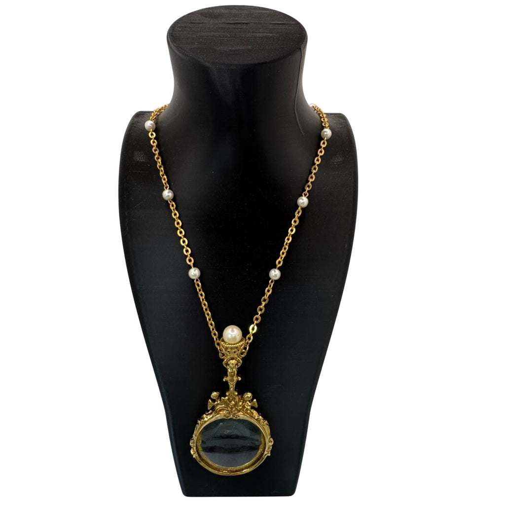 Vintage 1928 Gold-Tone Magnifying Glass Necklace Faux Pearls Pendant Cherub 30"