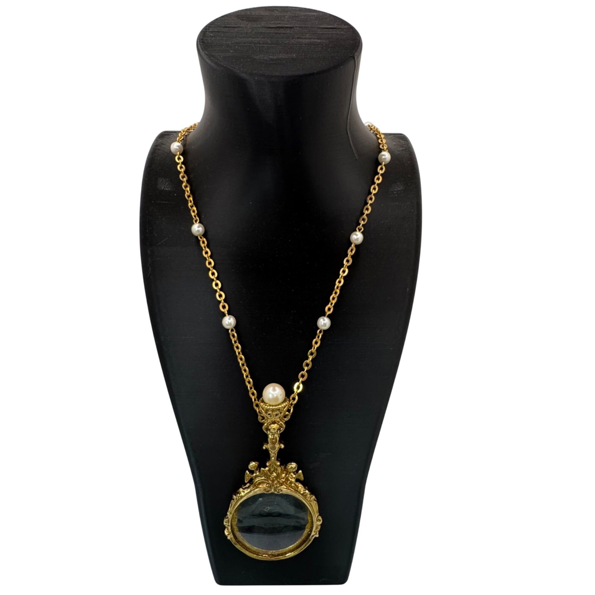 Vintage 1928 Gold-Tone Magnifying Glass Necklace Faux Pearls Pendant Cherub 30"