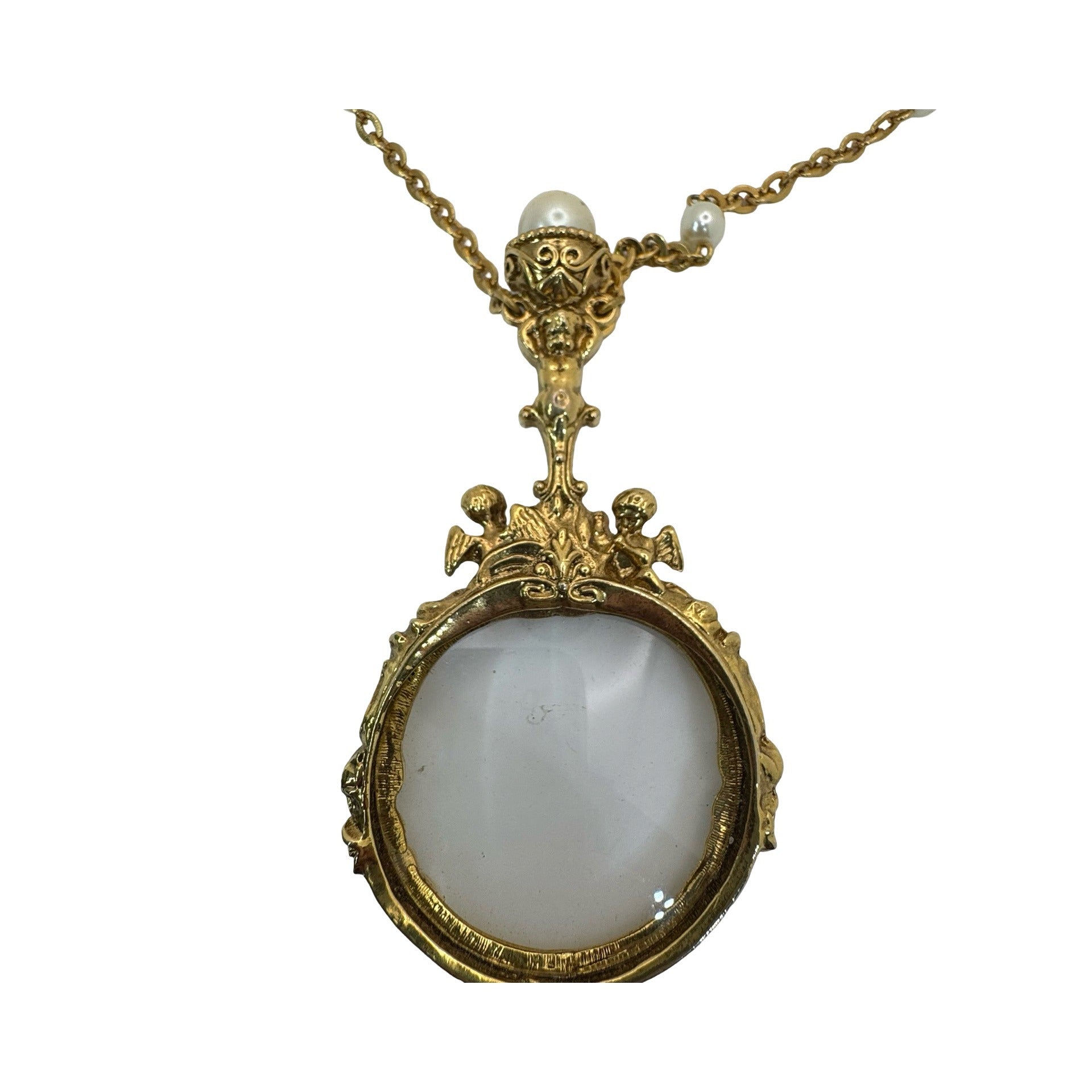 Vintage 1928 Gold-Tone Magnifying Glass Necklace Faux Pearls Pendant Cherub 30"