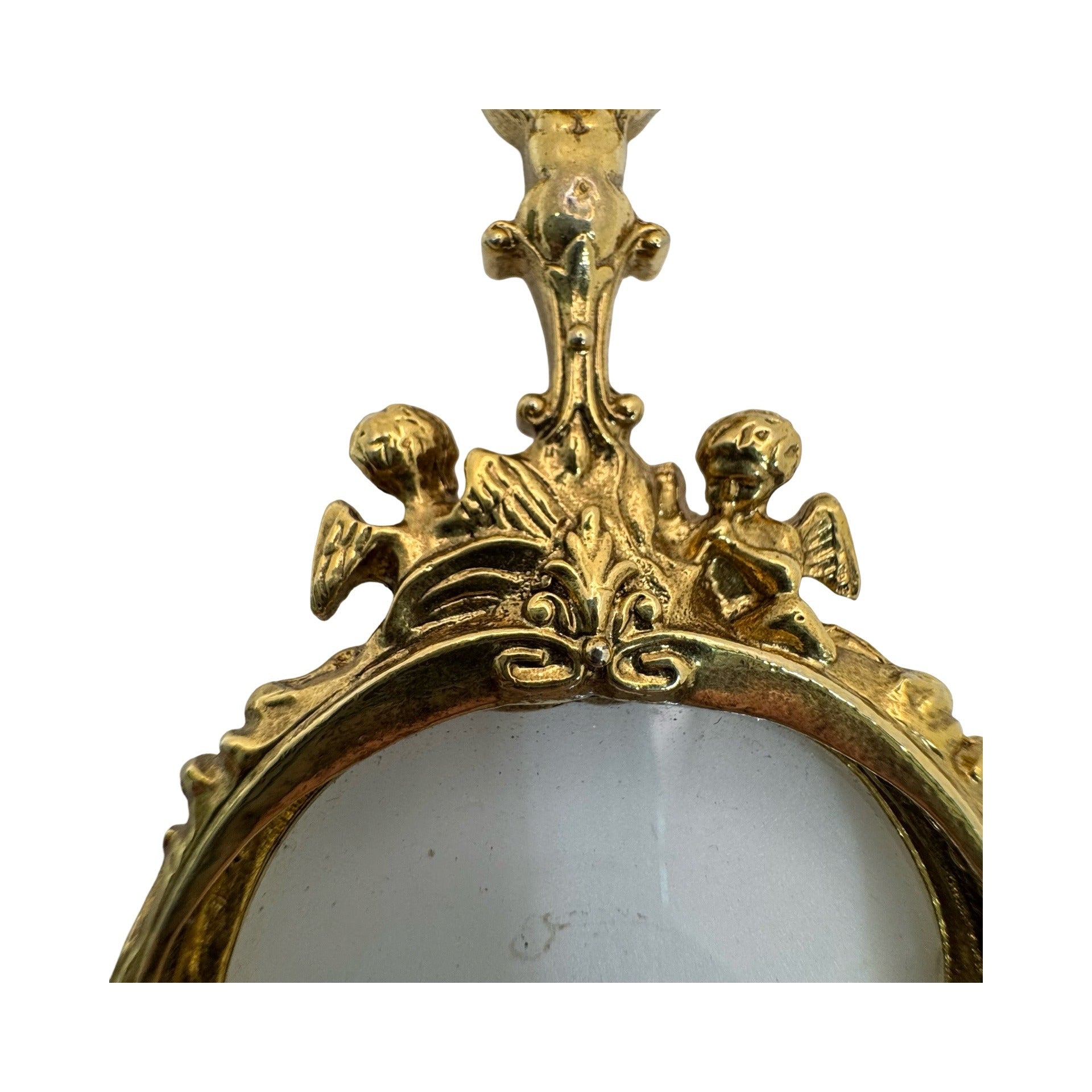 Vintage 1928 Gold-Tone Magnifying Glass Necklace Faux Pearls Pendant Cherub 30"