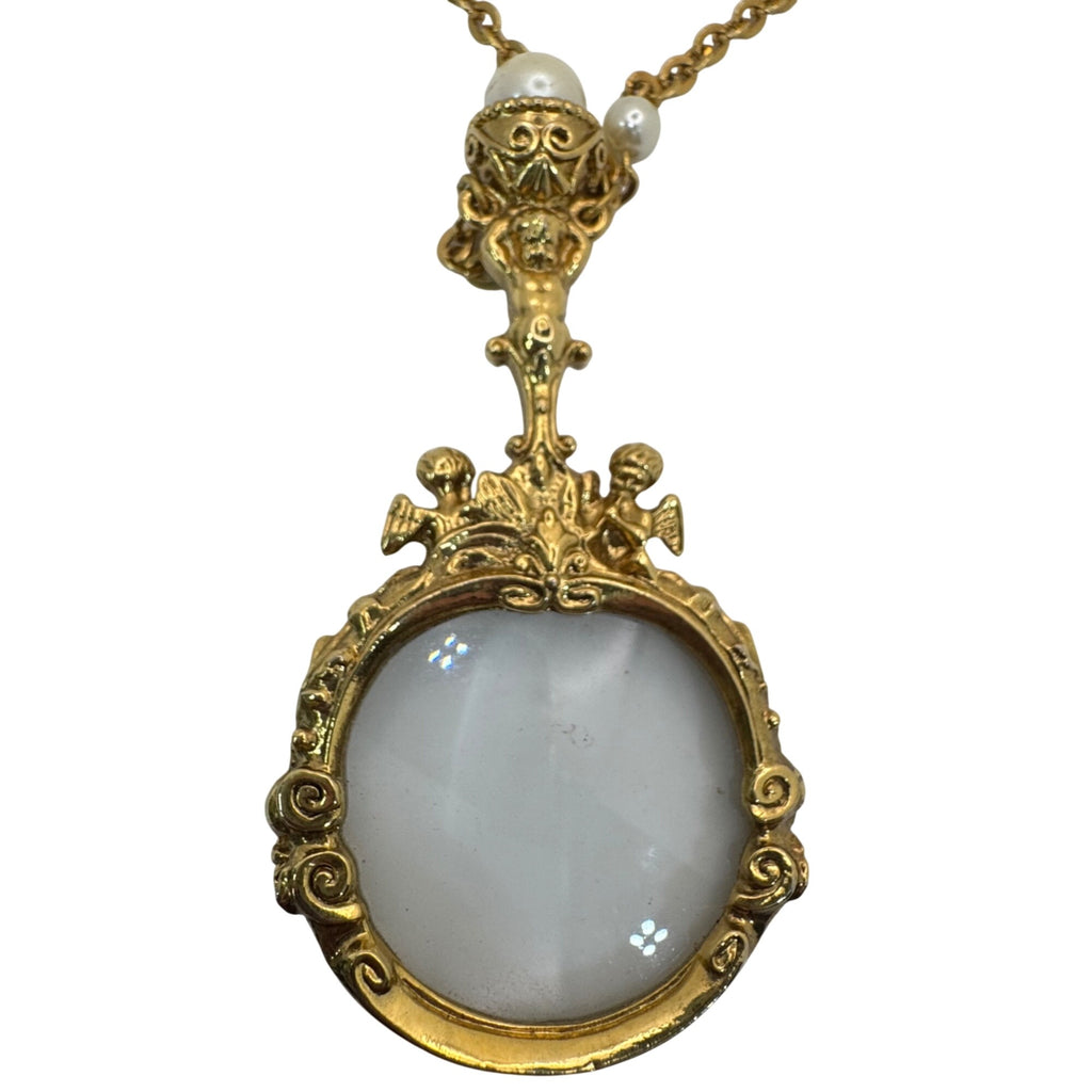 Vintage 1928 Gold-Tone Magnifying Glass Necklace Faux Pearls Pendant Cherub 30"