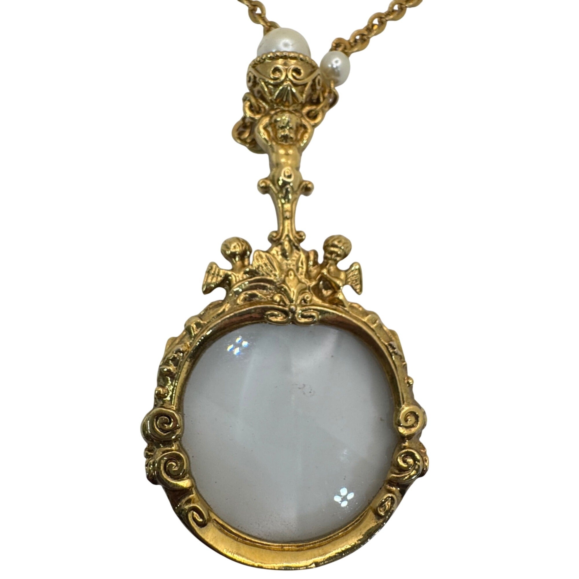 Vintage 1928 Gold-Tone Magnifying Glass Necklace Faux Pearls Pendant Cherub 30"