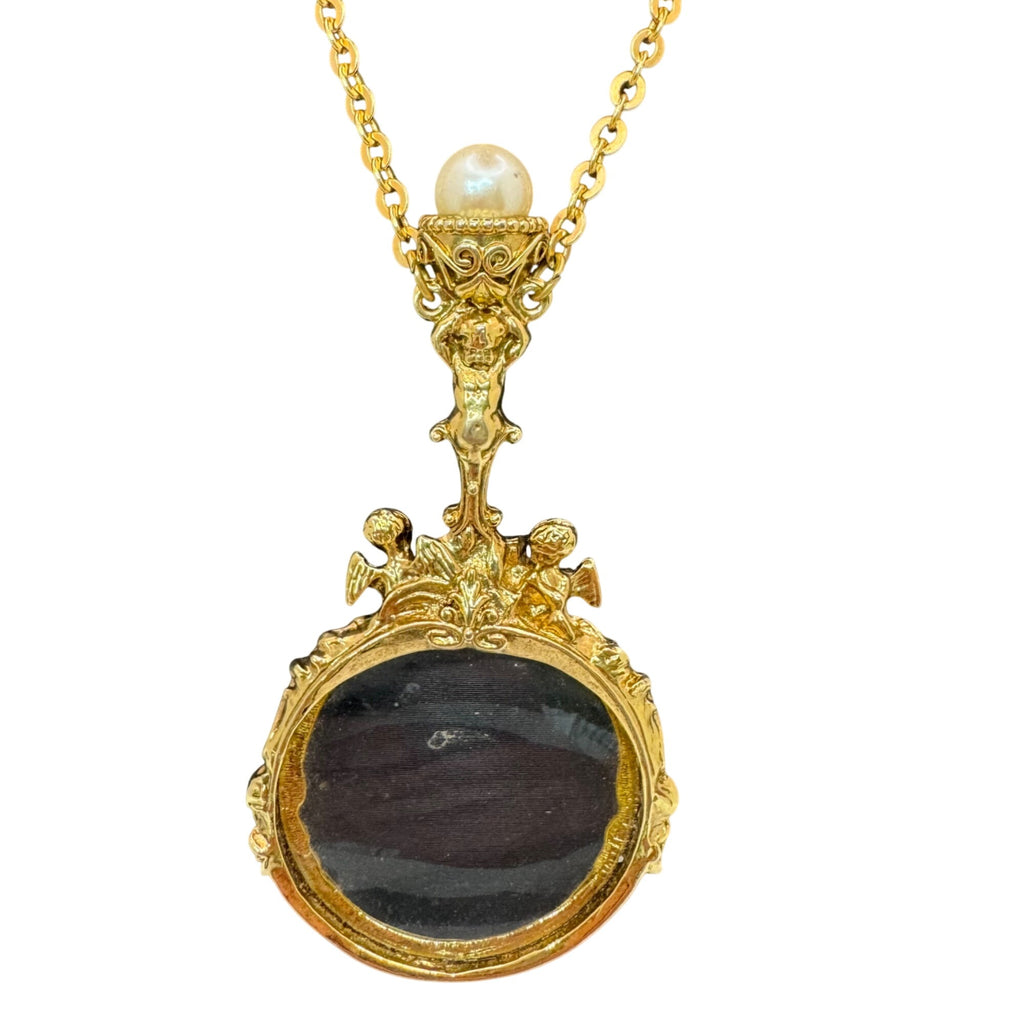 Vintage 1928 Gold-Tone Magnifying Glass Necklace Faux Pearls Pendant Cherub 30"