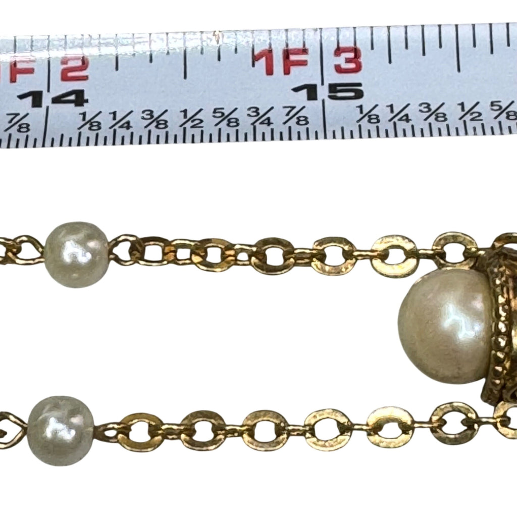 Vintage 1928 Gold-Tone Magnifying Glass Necklace Faux Pearls Pendant Cherub 30"