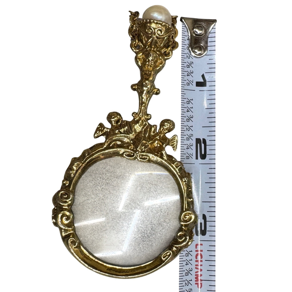 Vintage 1928 Gold-Tone Magnifying Glass Necklace Faux Pearls Pendant Cherub 30"