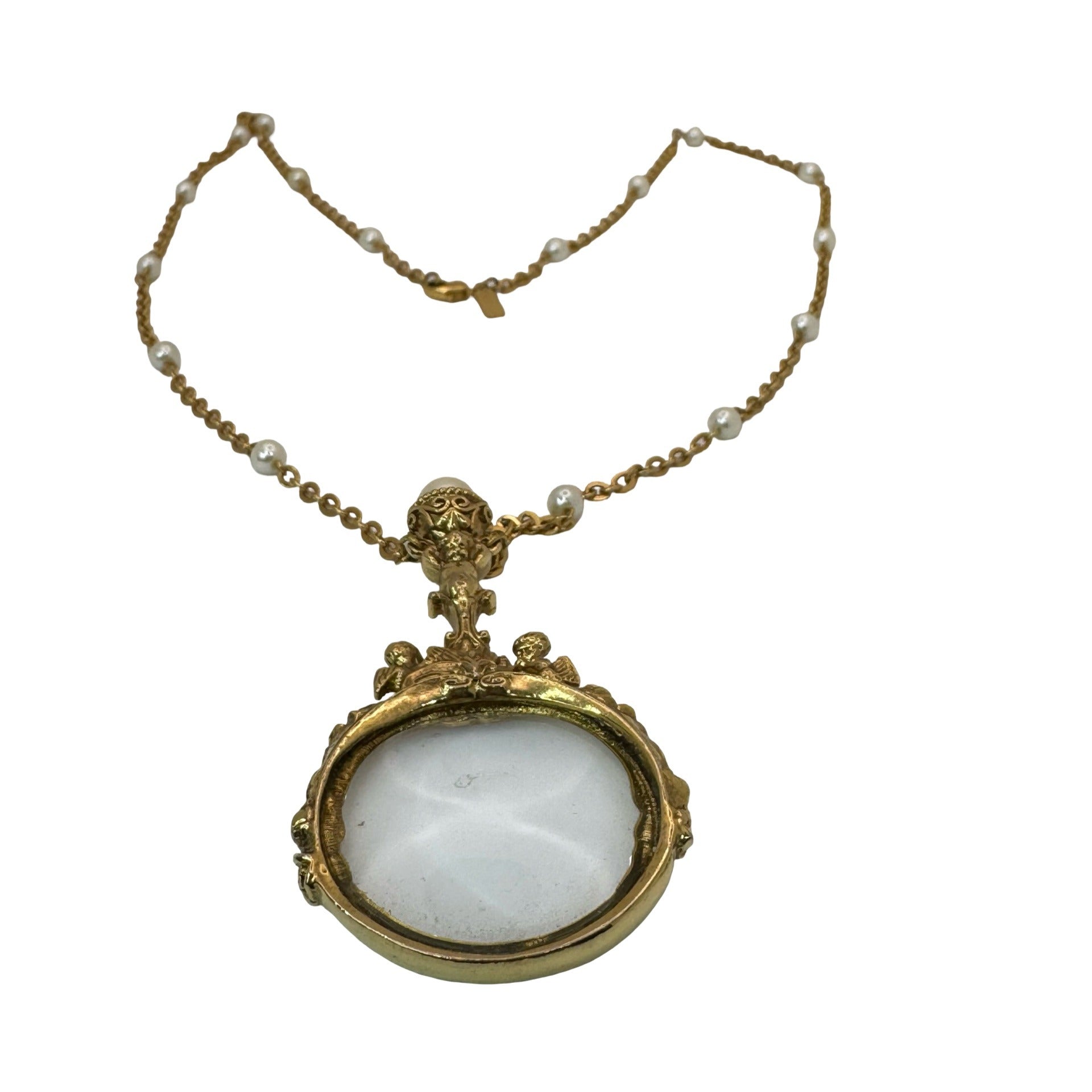Vintage 1928 Gold-Tone Magnifying Glass Necklace Faux Pearls Pendant Cherub 30"