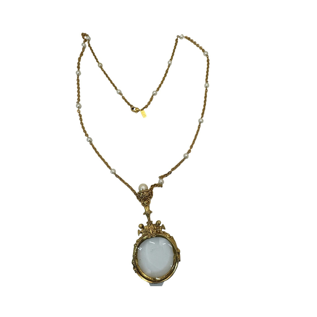 Vintage 1928 Gold-Tone Magnifying Glass Necklace Faux Pearls Pendant Cherub 30"
