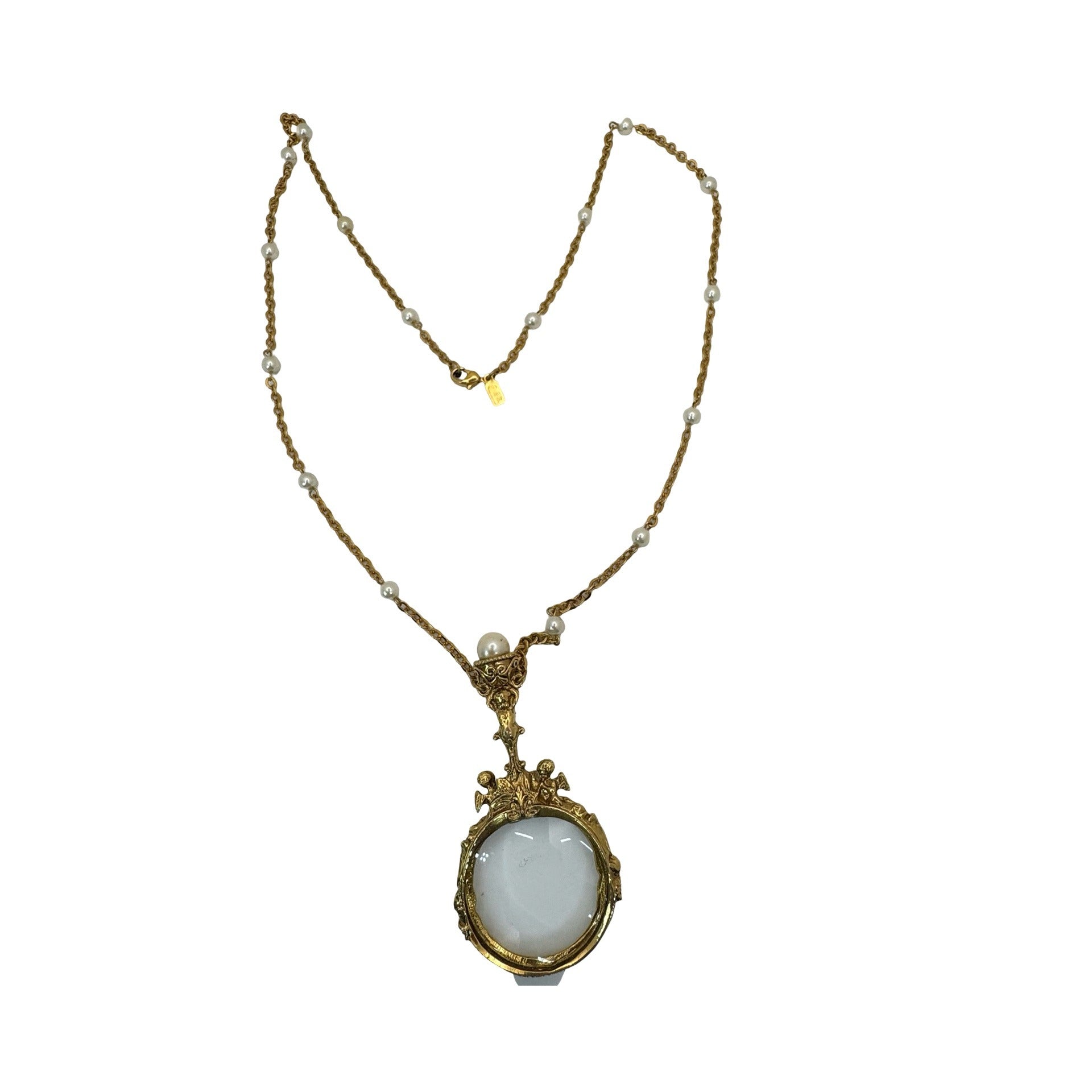 Vintage 1928 Gold-Tone Magnifying Glass Necklace Faux Pearls Pendant Cherub 30"