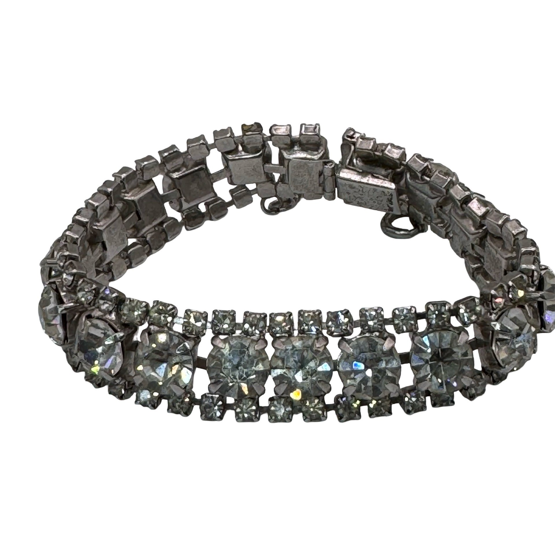 Vintage Triple Row Diamante Silver-Tone Rhinestone Bracelet Safety Chain 7"