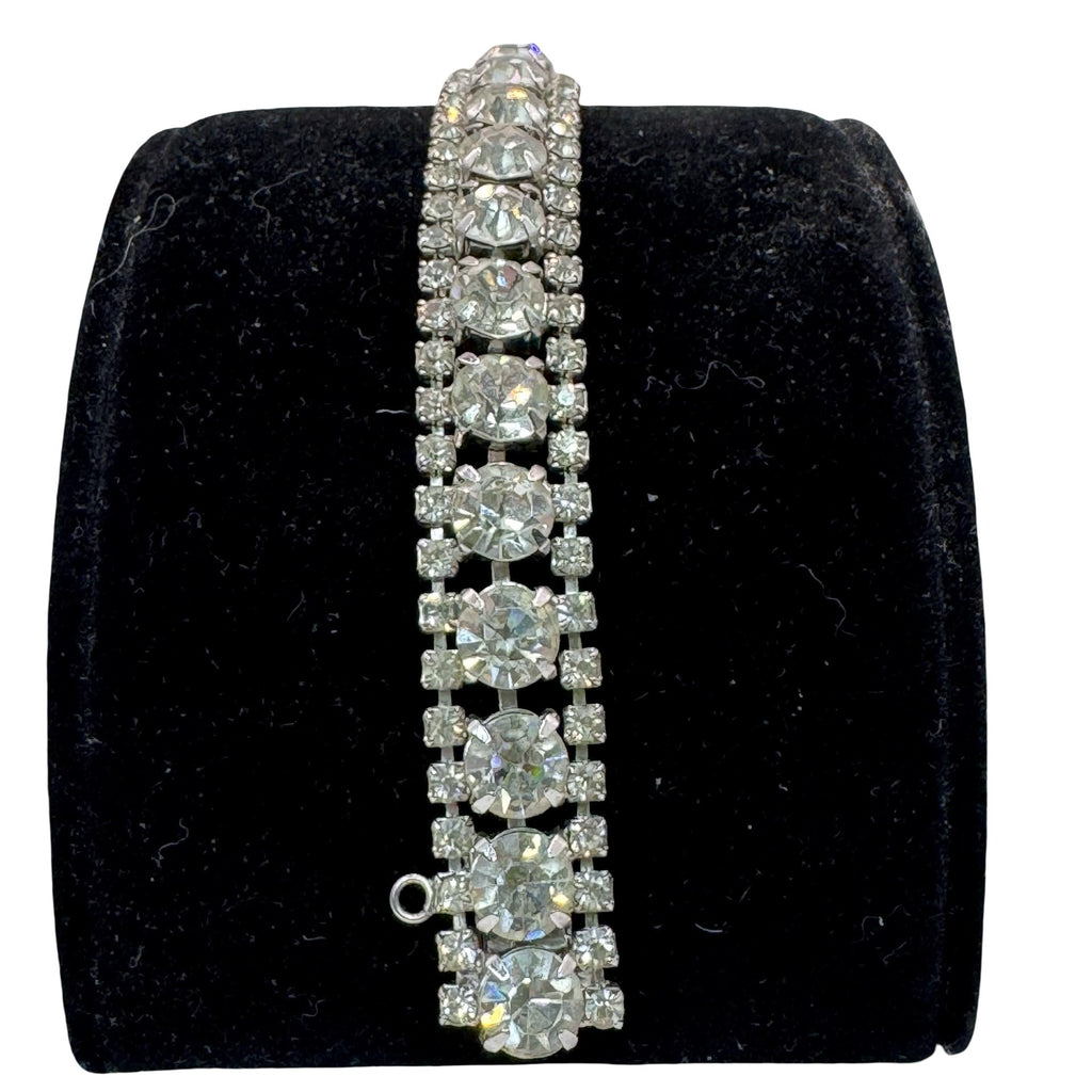 Vintage Triple Row Diamante Silver-Tone Rhinestone Bracelet Safety Chain 7"
