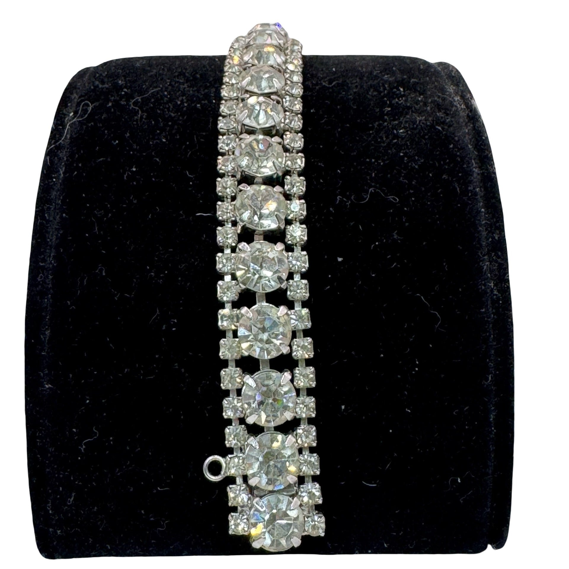 Vintage Triple Row Diamante Silver-Tone Rhinestone Bracelet Safety Chain 7"