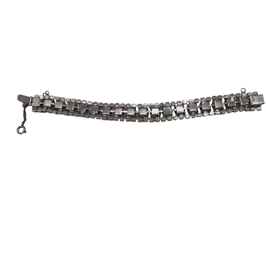 Vintage Triple Row Diamante Silver-Tone Rhinestone Bracelet Safety Chain 7"
