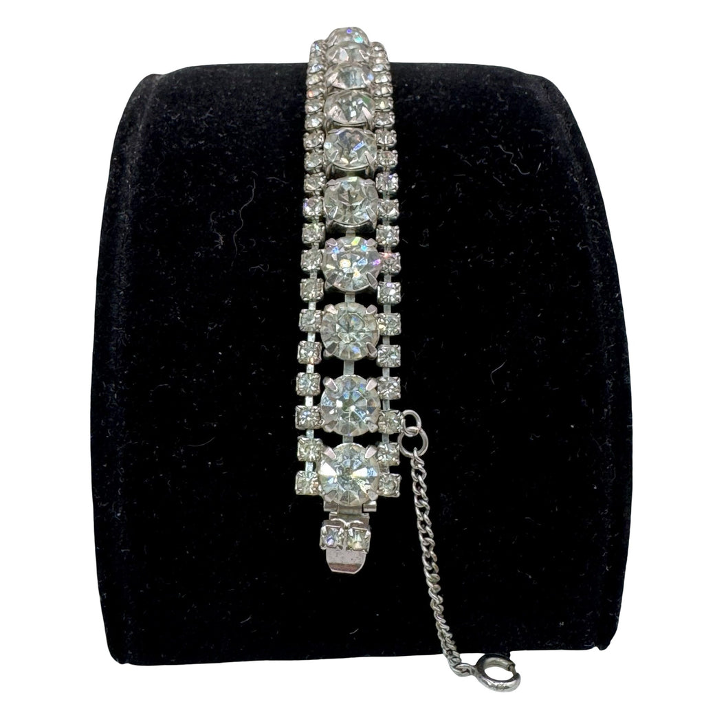 Vintage Triple Row Diamante Silver-Tone Rhinestone Bracelet Safety Chain 7"