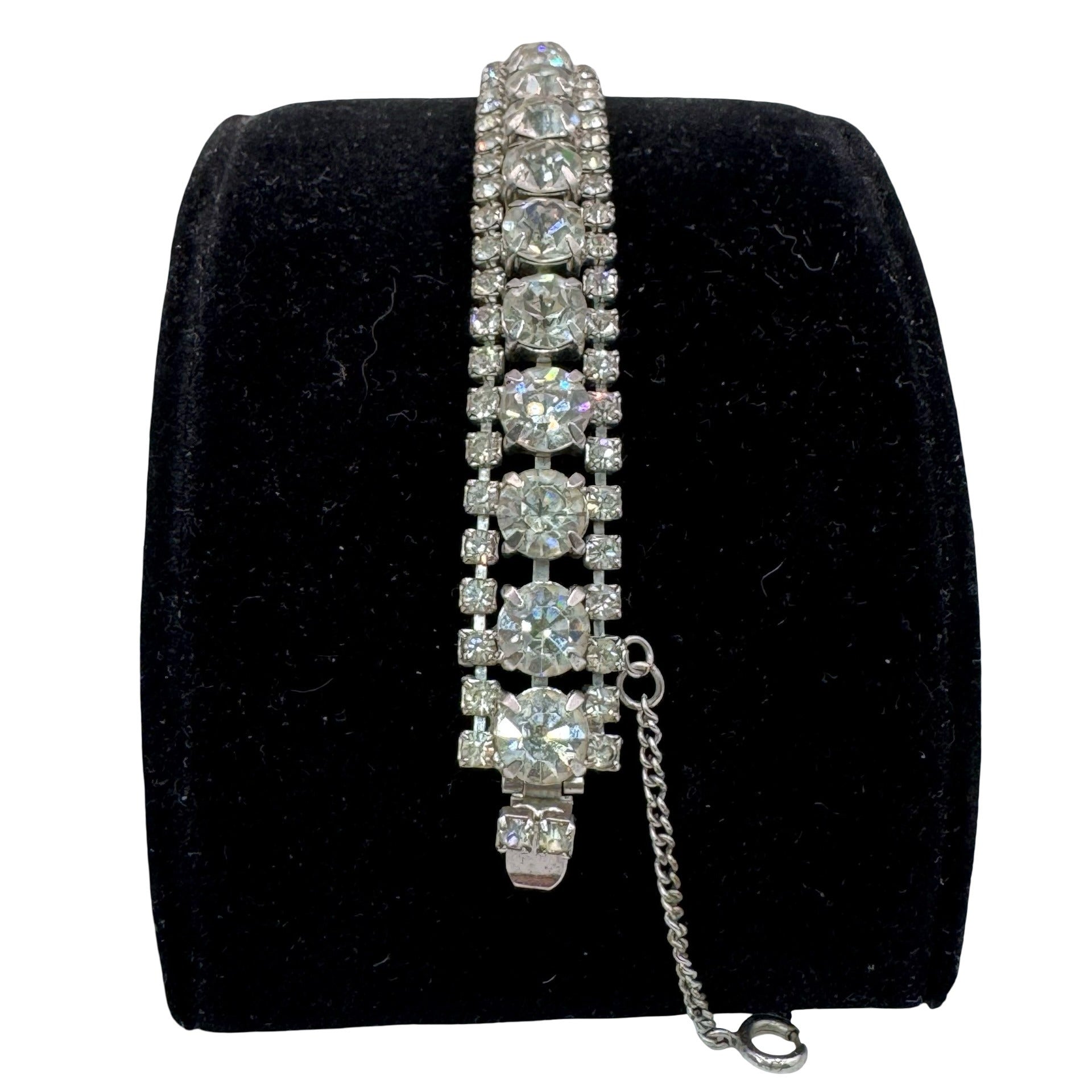 Vintage Triple Row Diamante Silver-Tone Rhinestone Bracelet Safety Chain 7"