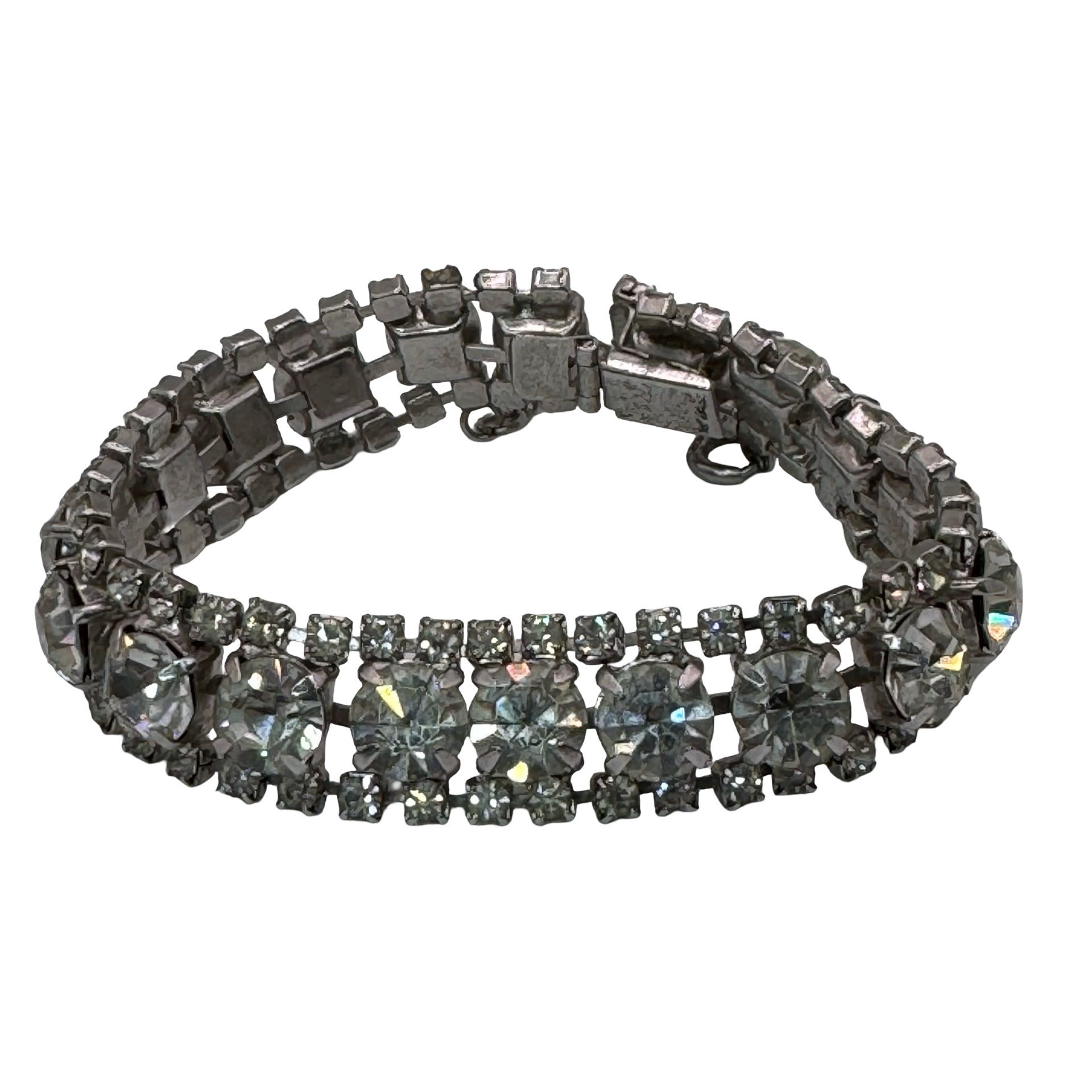 Vintage Triple Row Diamante Silver-Tone Rhinestone Bracelet Safety Chain 7"