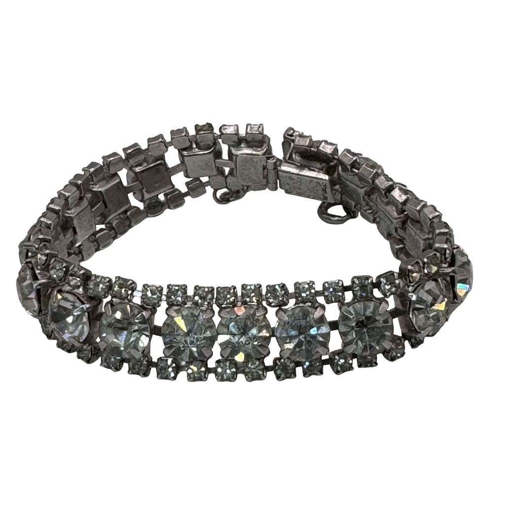 Vintage Triple Row Diamante Silver-Tone Rhinestone Bracelet Safety Chain 7"