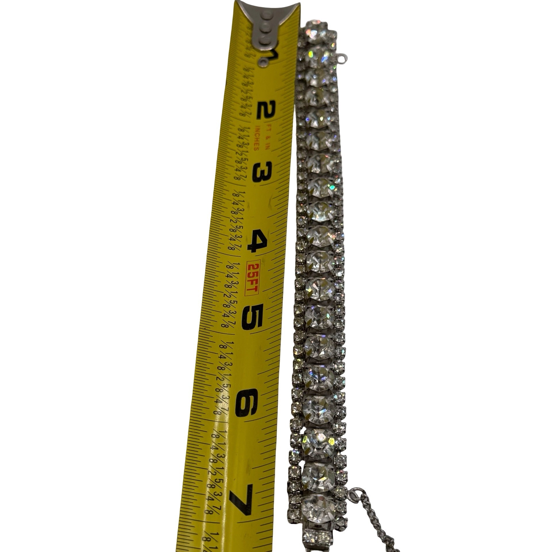 Vintage Triple Row Diamante Silver-Tone Rhinestone Bracelet Safety Chain 7"