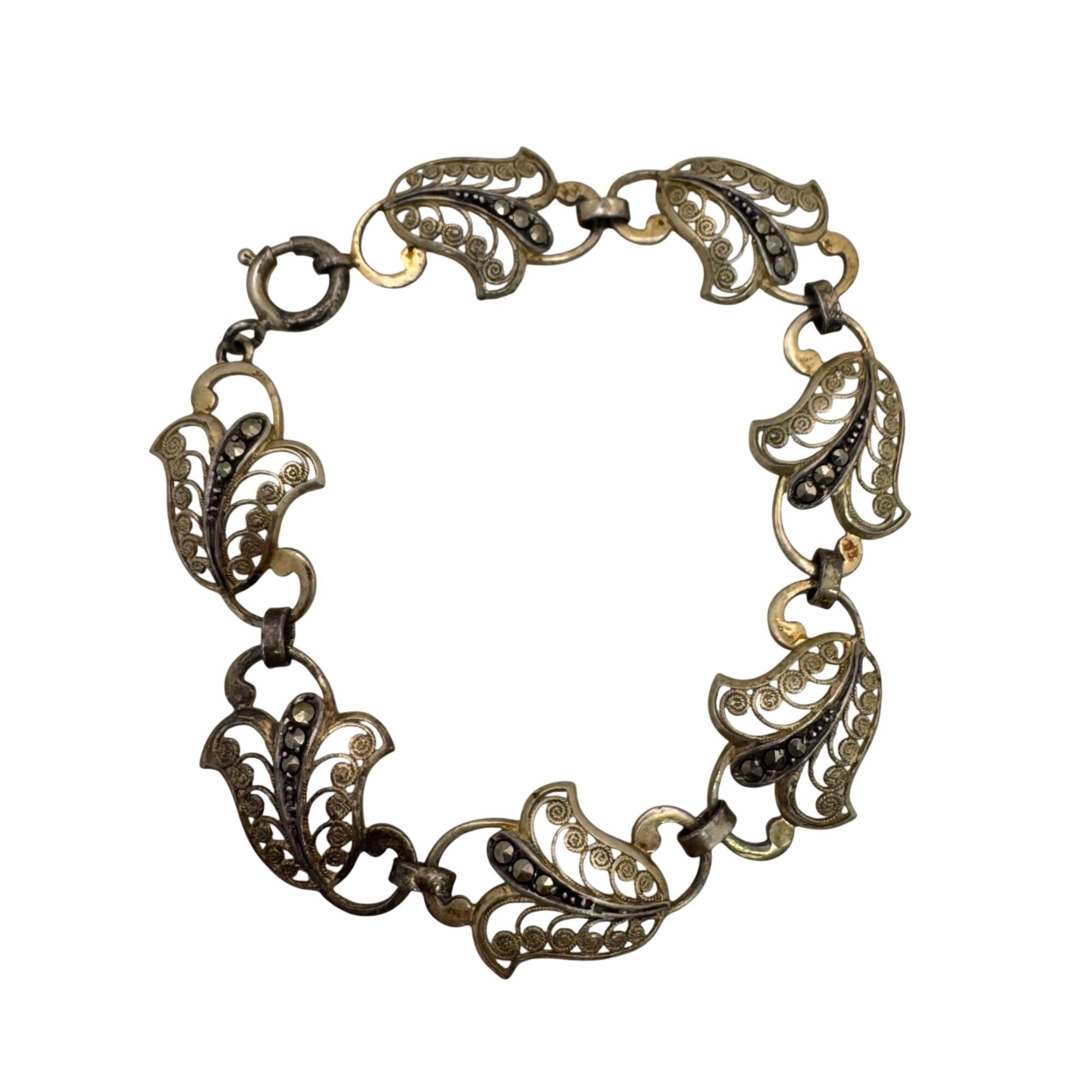 Germany Sterling Leaf Marcasite Bracelet Vintage Silver 6.5" Art Nouveau Deco