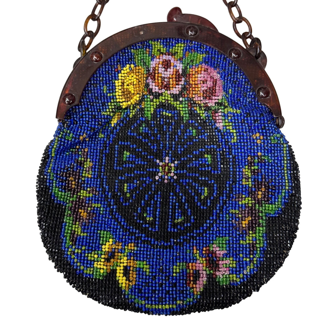 Vtg Hand Beaded Glass Seed Bead Floral Coin Purse Chain Handle Blue Yellow READ