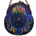 Vtg Hand Beaded Glass Seed Bead Floral Coin Purse Chain Handle Blue Yellow READ