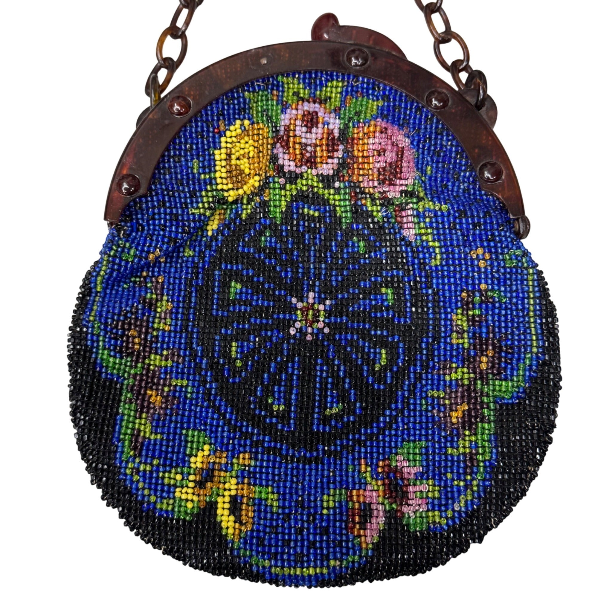 Vtg Hand Beaded Glass Seed Bead Floral Coin Purse Chain Handle Blue Yellow READ