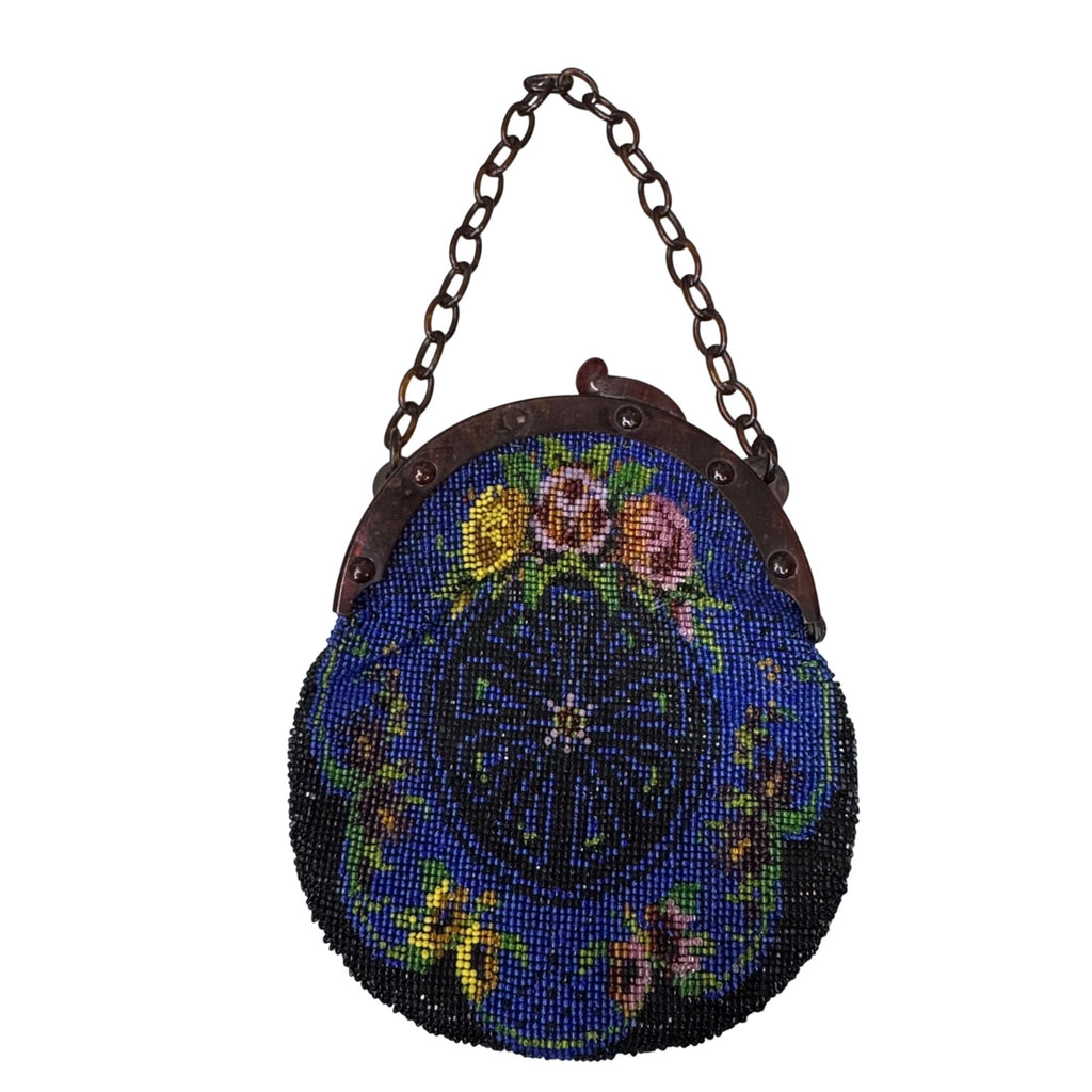 Vtg Hand Beaded Glass Seed Bead Floral Coin Purse Chain Handle Blue Yellow READ