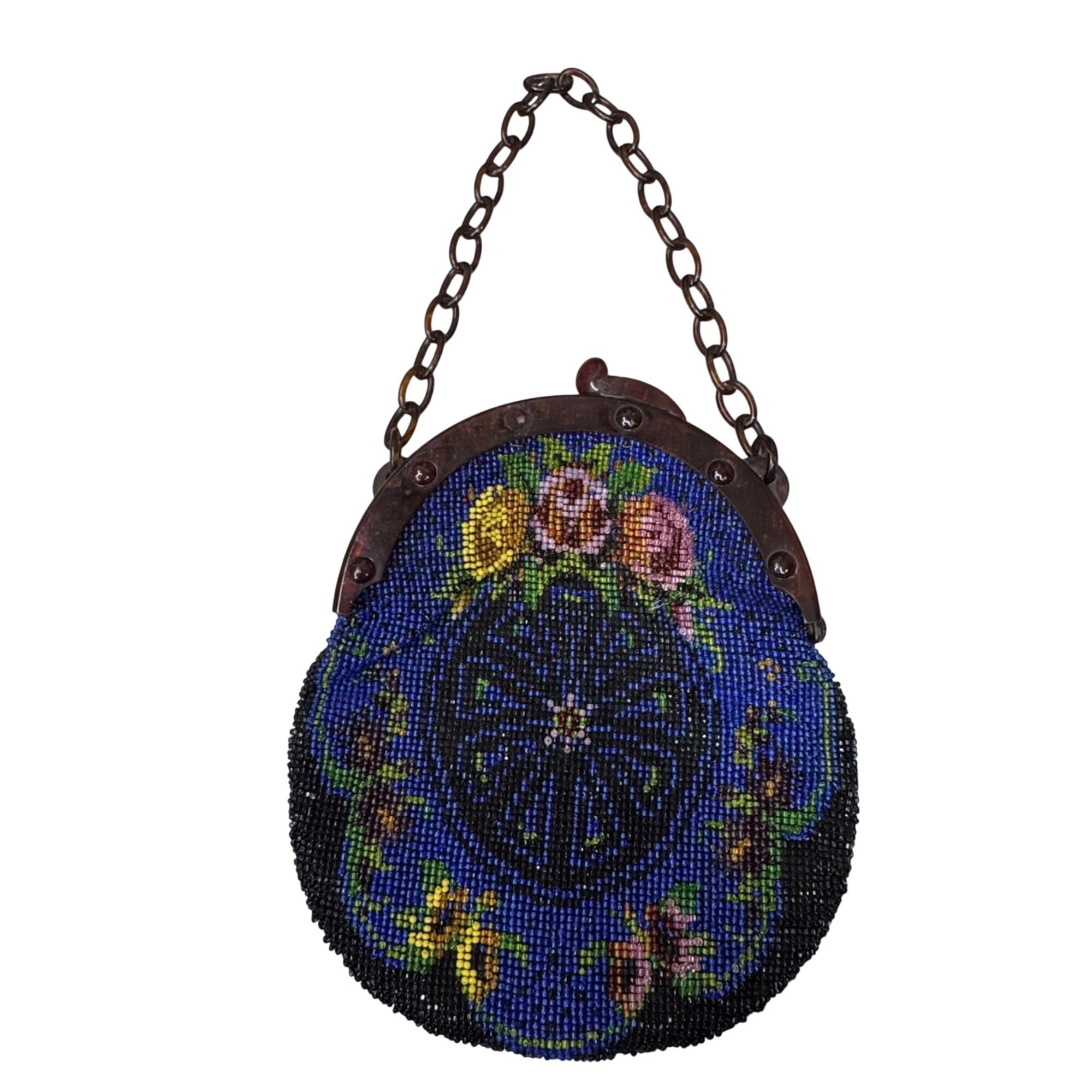 Vtg Hand Beaded Glass Seed Bead Floral Coin Purse Chain Handle Blue Yellow READ