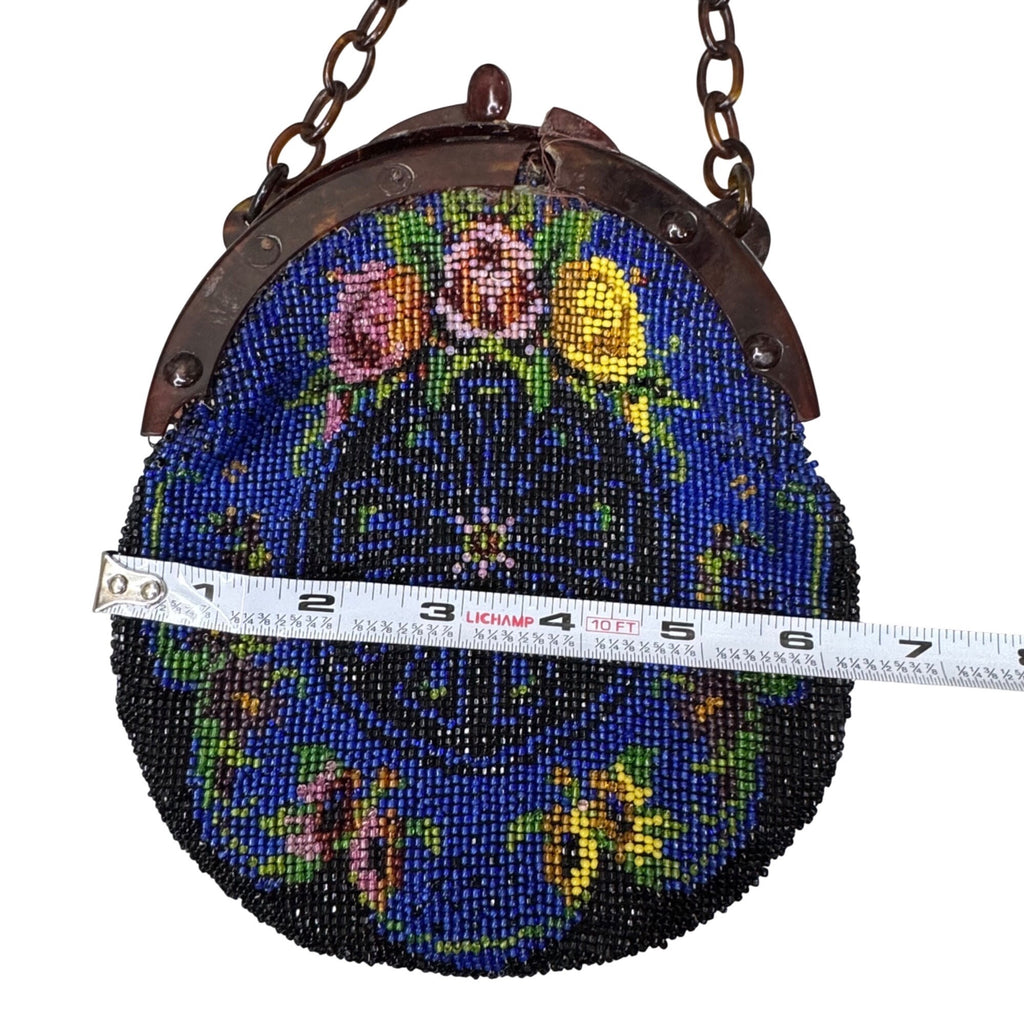 Vtg Hand Beaded Glass Seed Bead Floral Coin Purse Chain Handle Blue Yellow READ