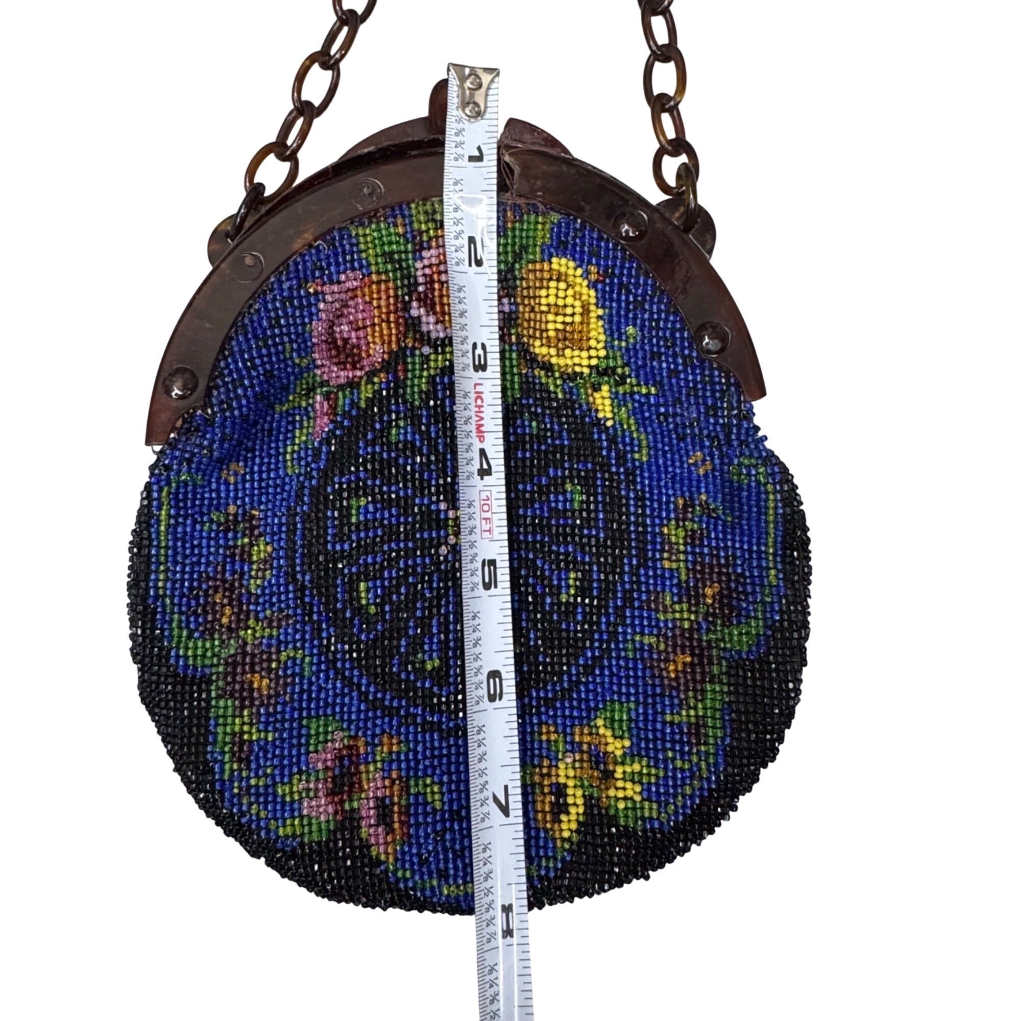 Vtg Hand Beaded Glass Seed Bead Floral Coin Purse Chain Handle Blue Yellow READ