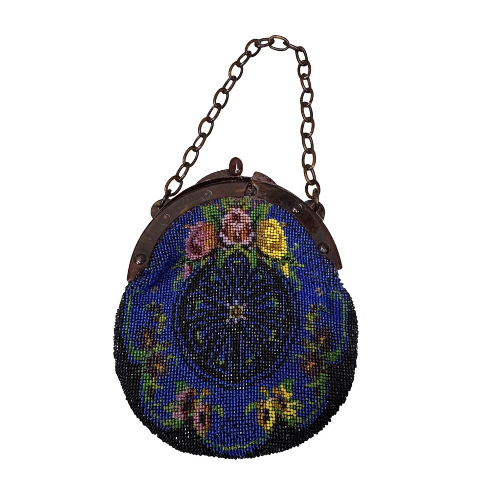 Vtg Hand Beaded Glass Seed Bead Floral Coin Purse Chain Handle Blue Yellow READ