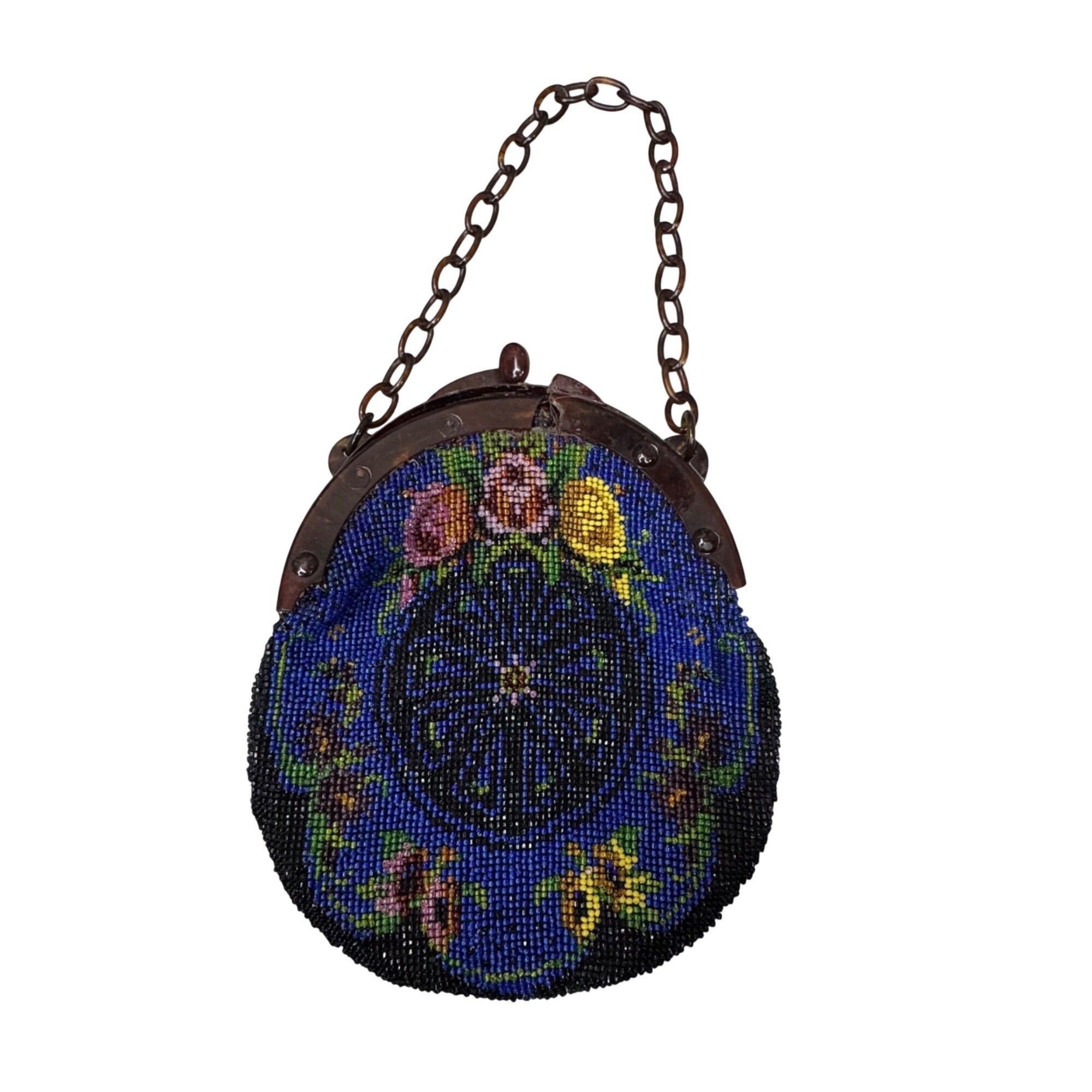 Vtg Hand Beaded Glass Seed Bead Floral Coin Purse Chain Handle Blue Yellow READ
