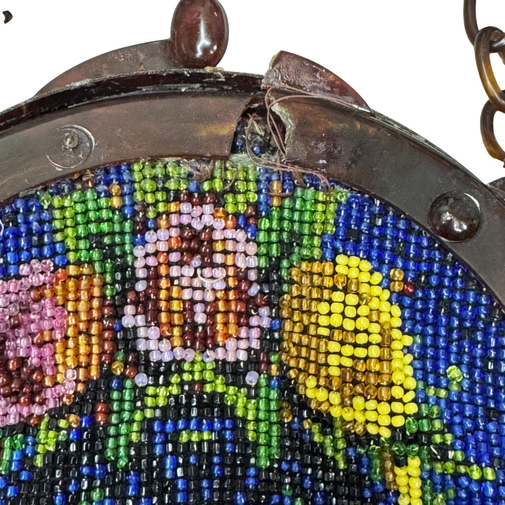 Vtg Hand Beaded Glass Seed Bead Floral Coin Purse Chain Handle Blue Yellow READ