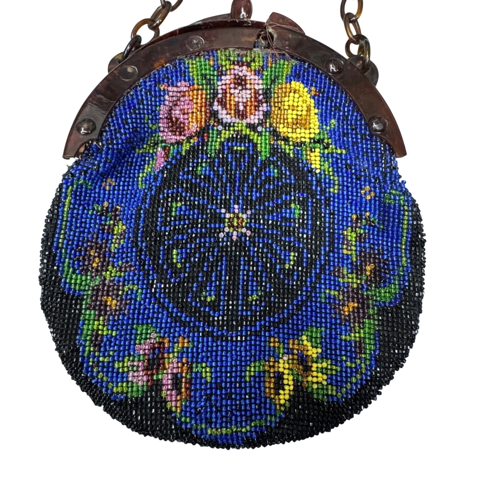 Vtg Hand Beaded Glass Seed Bead Floral Coin Purse Chain Handle Blue Yellow READ