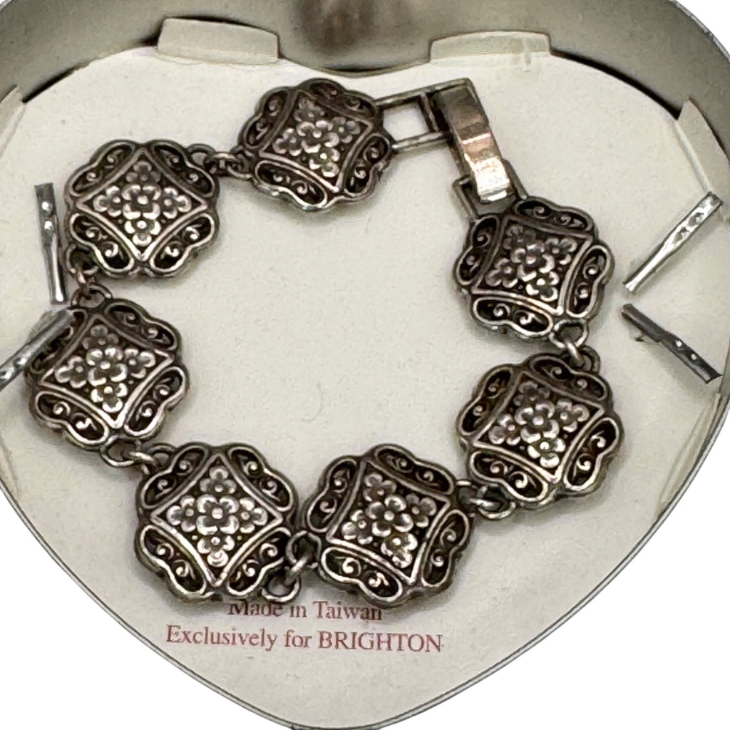 Brighton Silver-Tone Floral Bracelet Scroll Link In Original Heart Tin Box 7"