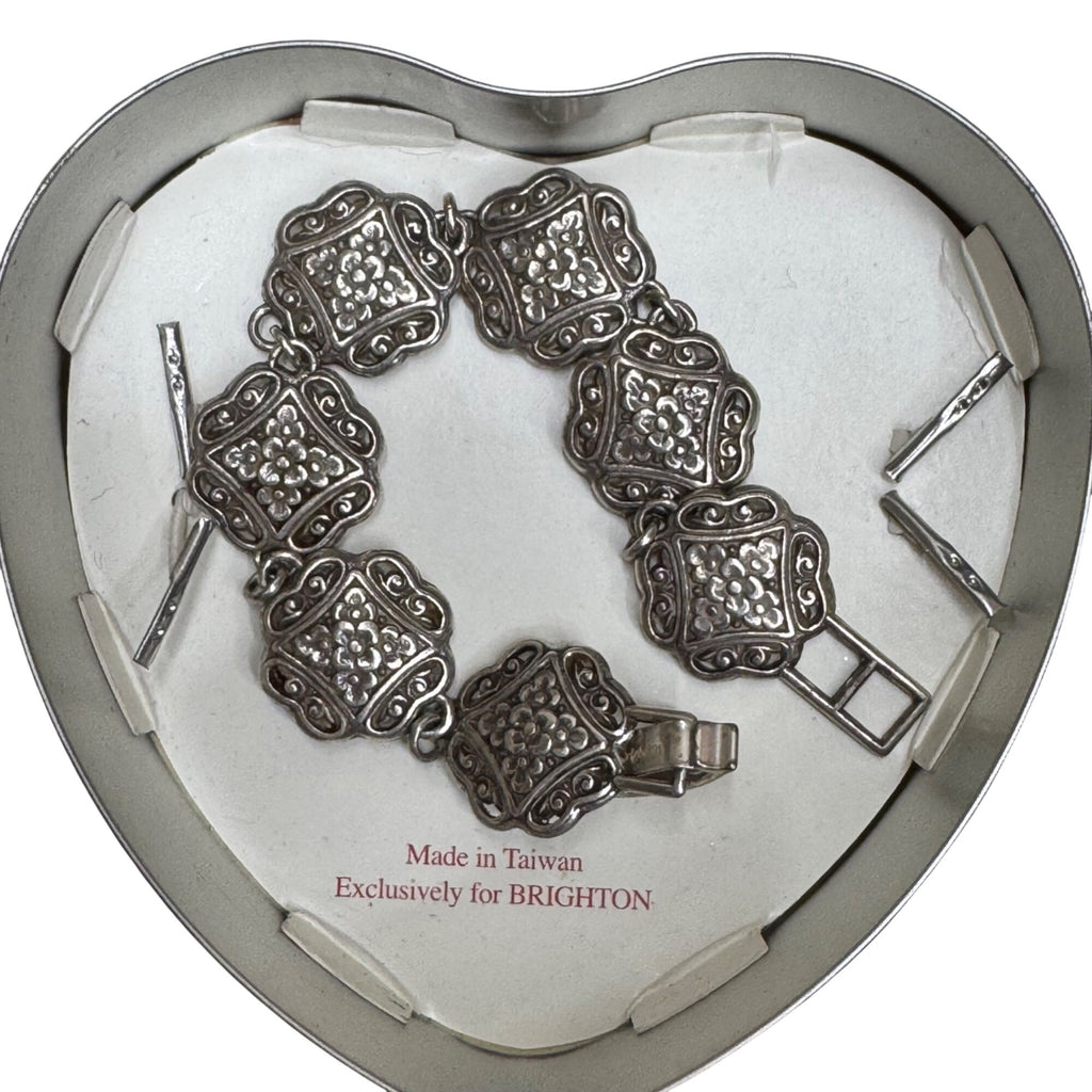 Brighton Silver-Tone Floral Bracelet Scroll Link In Original Heart Tin Box 7"