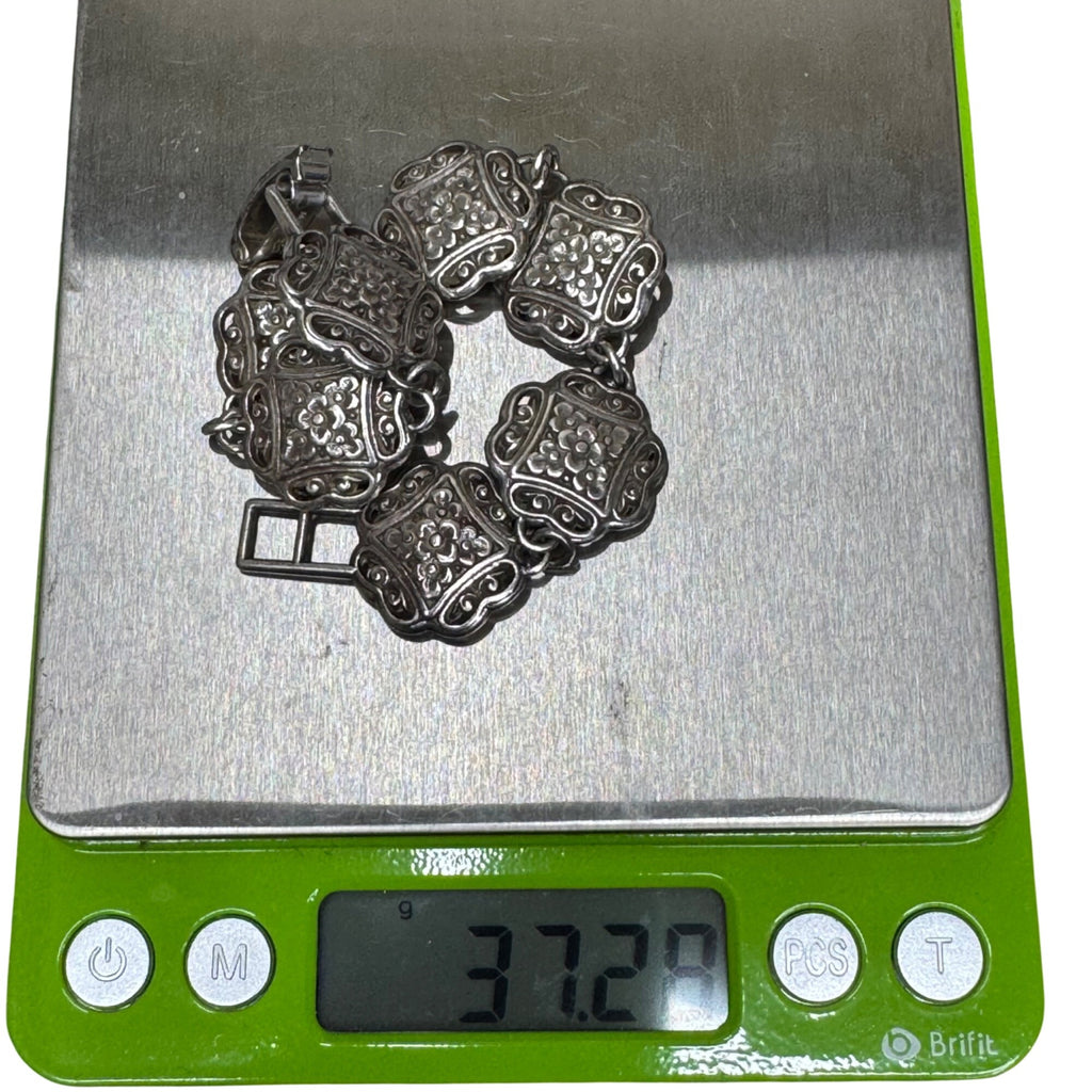 Brighton Silver-Tone Floral Bracelet Scroll Link In Original Heart Tin Box 7"