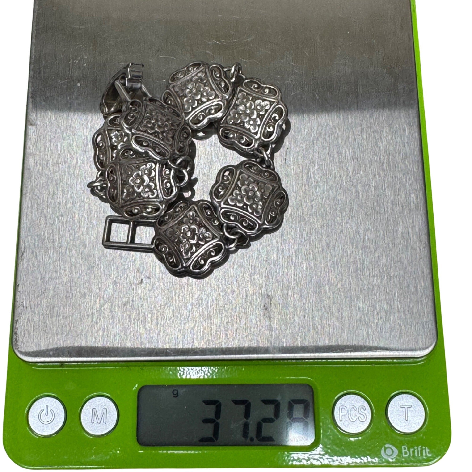 Brighton Silver-Tone Floral Bracelet Scroll Link In Original Heart Tin Box 7"