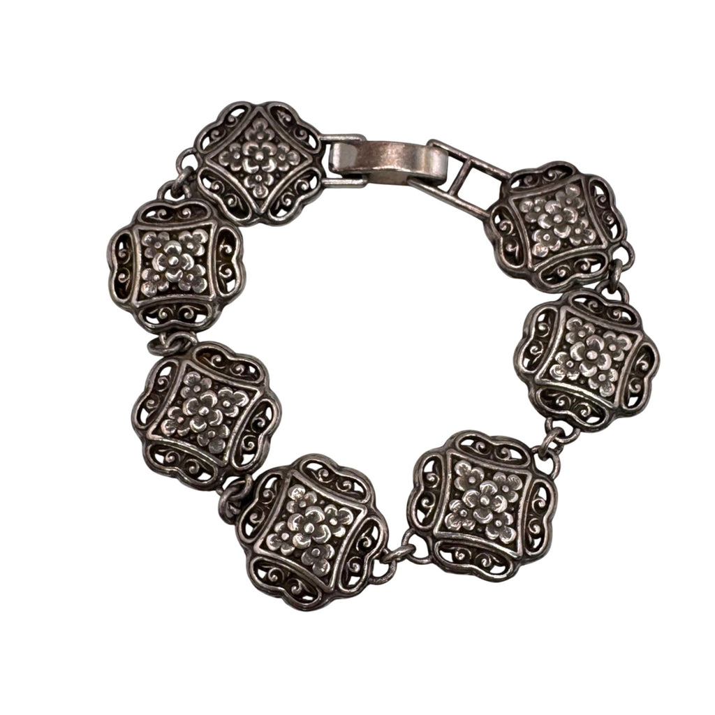 Brighton Silver-Tone Floral Bracelet Scroll Link In Original Heart Tin Box 7"